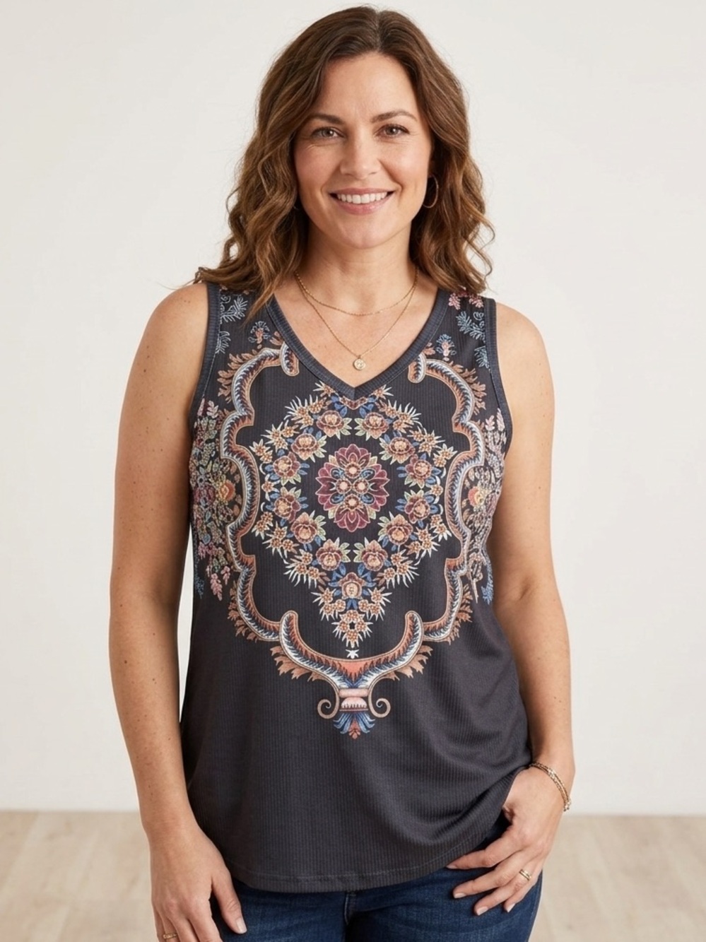 🍪 Floral Black Ribbed Tank Top L